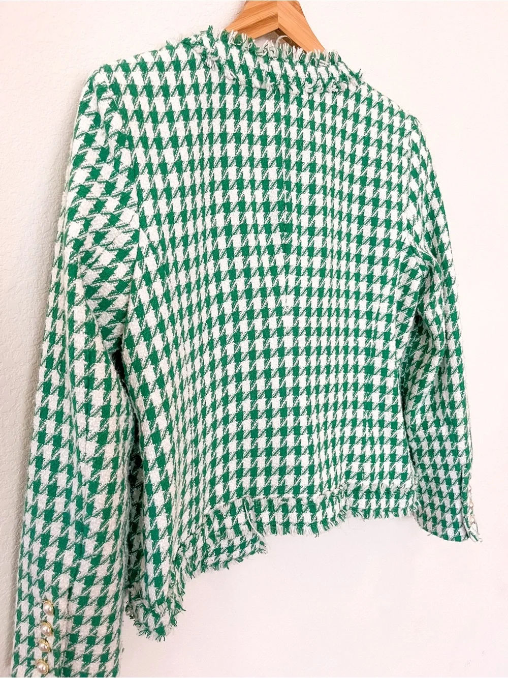 Nanette Lepore Green White Houndstooth Tweed Jacket Size 8 EUC — Chanel Style